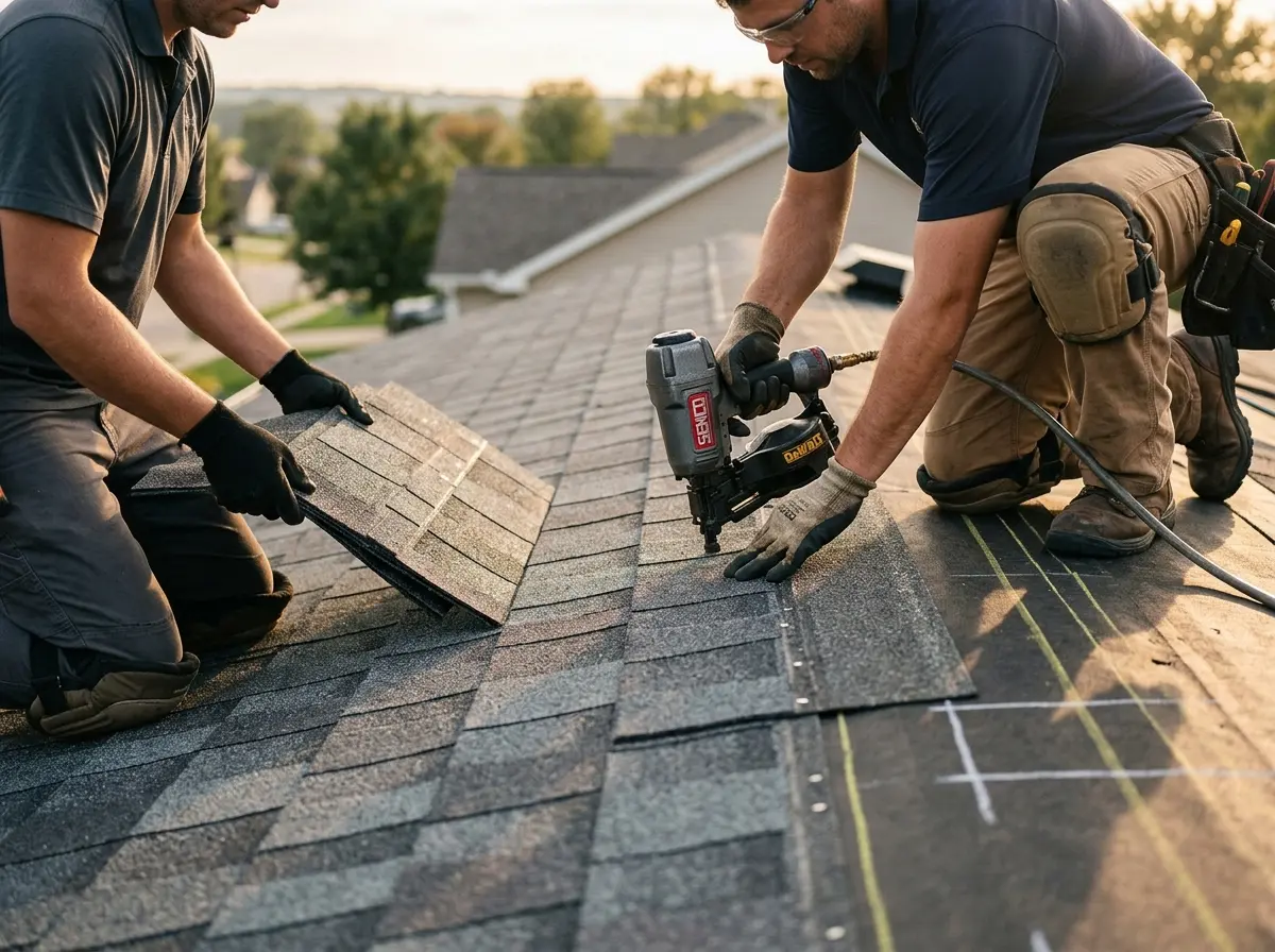 Professional roofer working on a residential roof in Wasco